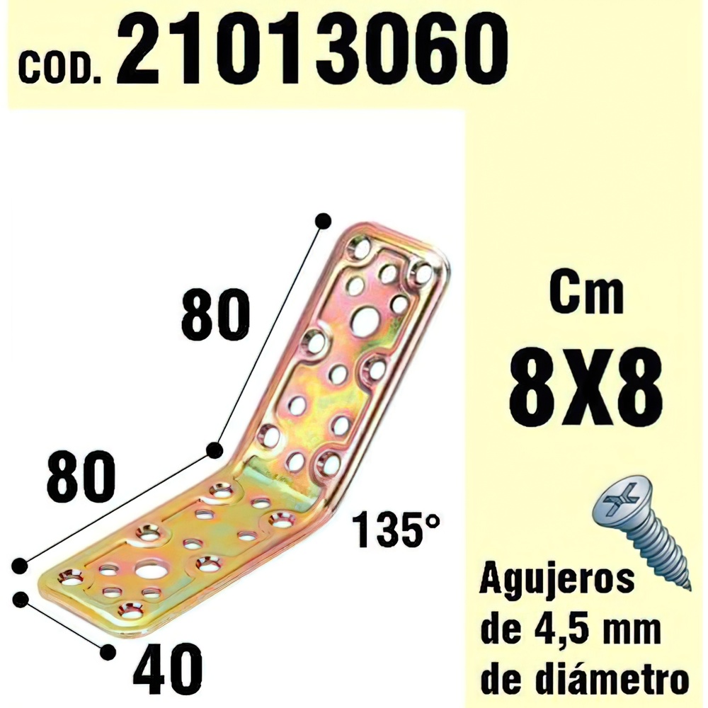 Soporte / Palomilla para madera angulo bicromatado. - Medidas: 40x80x80 mm. - Inclinaci&oacute;n: 135&ordm;. - Realizado en metal.